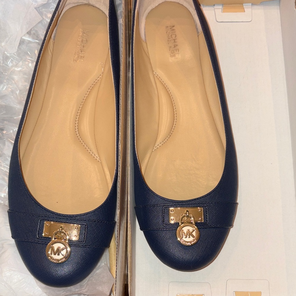 Michael Kors Navy Blue Flats with Gold Accents